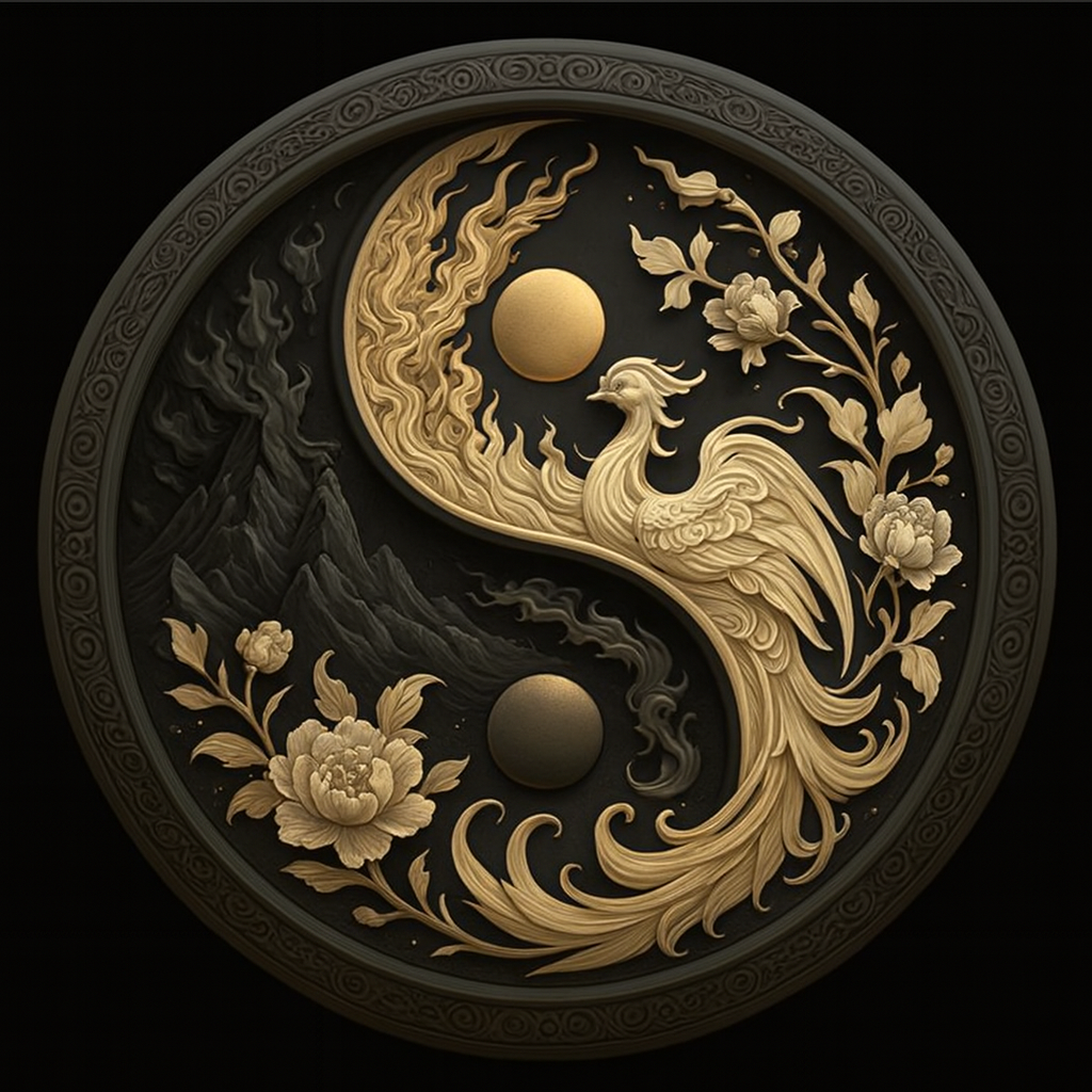 Decorative design with a phoenix, sun, and flowers on a black background