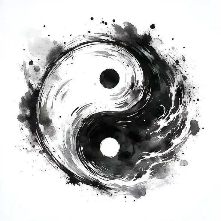 Yin and yang symbol with black ink splashes on a white background