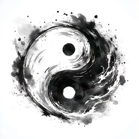 Yin and yang symbol with black ink splashes on a white background