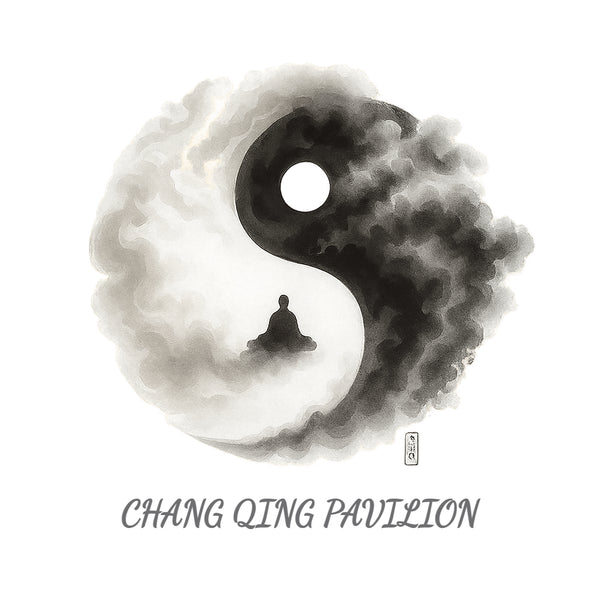 Yin and yang symbol with a meditating figure inside, surrounded by cloud-like shapes, on a white background with 'Chang Qing Pavilion' text.